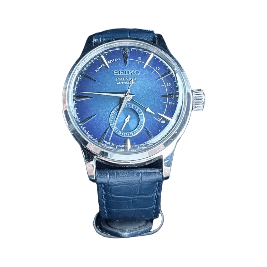 Seiko Presage Cocktail Time, sininen kellotaulu ja käyttövaramittari